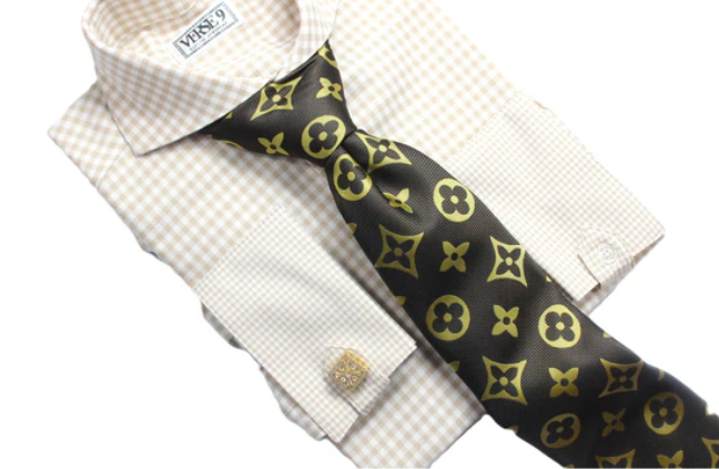 Spread Collar | Beige Check | French Cuff Shirt