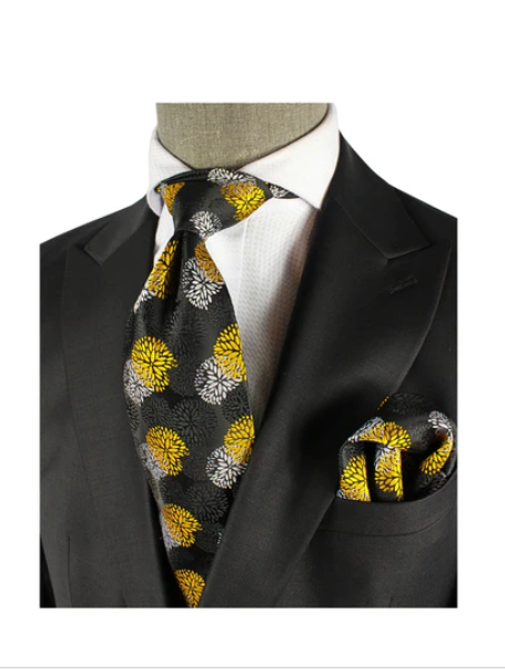 Doha 1 | Black Yellow & White Floral | Tie & Pocket Square